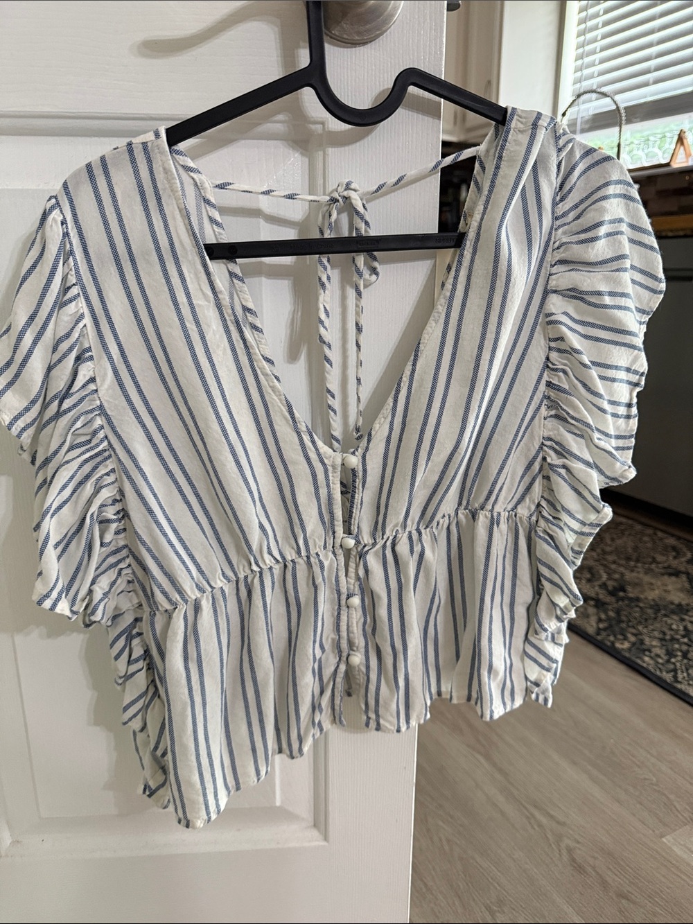 Altar'd State Blue & White Striped Ruffle Button-Front Top